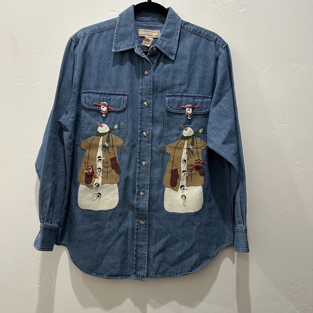 Cambridge Clothing Co Snowman Christmas Denim Shirt 100% Cotton Size‎ Medium